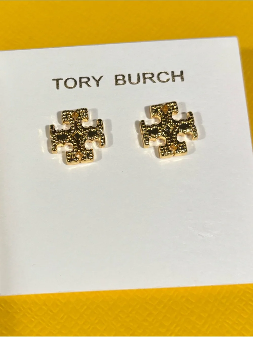 NWOT - Tory Burch Textured Gold Logo Stud Earrings